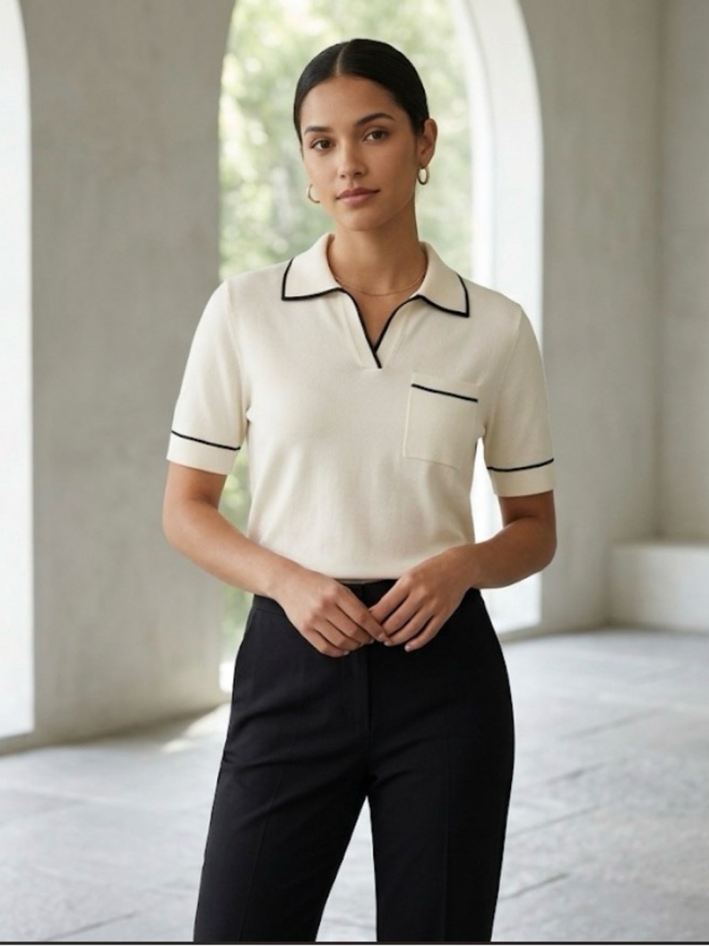 Cream Short-Sleeve Polo Top with Black Trim